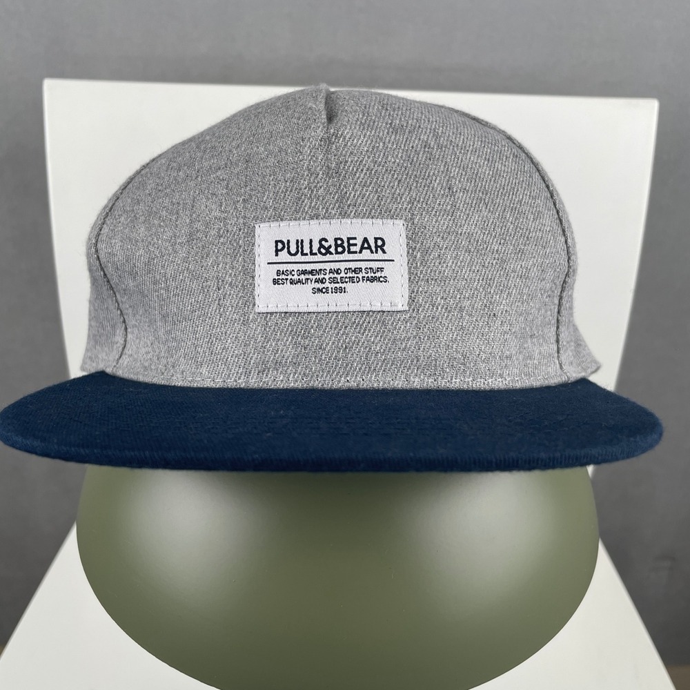 Pull&Bear Mens Snapback Hat Gray Navy Blue Flat Brim Adjustable OS Cap Skater